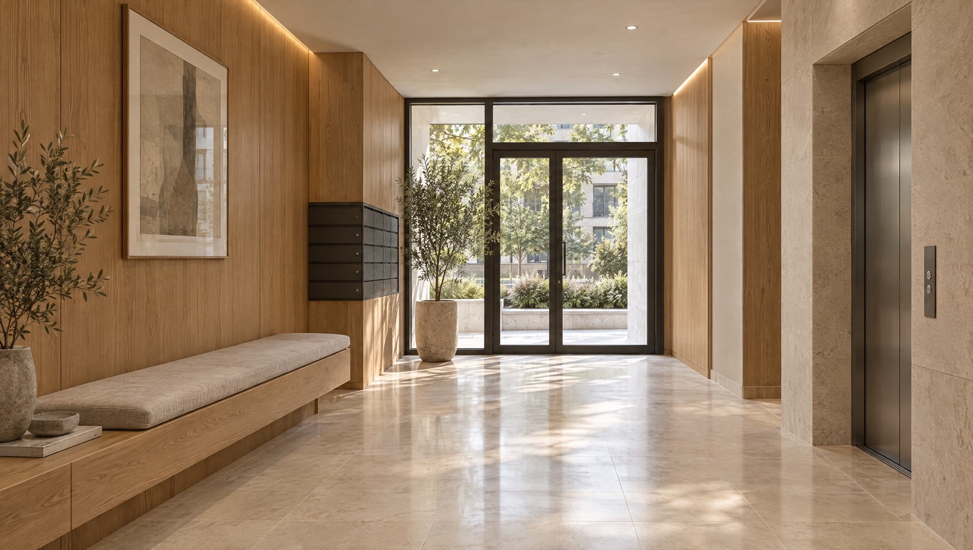 Render of a residential building lobby, oak-panelled walls above a pale stone floor, glazed doors opening onto a planted street.