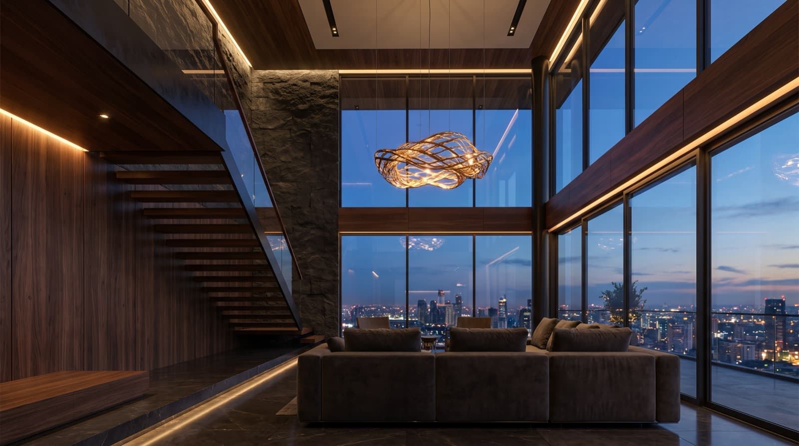 Render of a double-height apartment living space at dusk, floating staircase and full-height glazing onto a lit city.