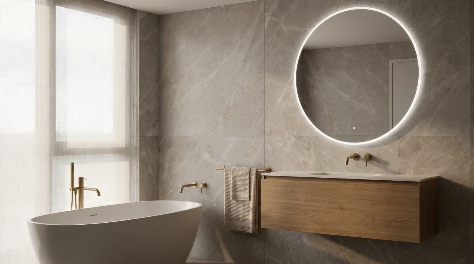 Render of a calm apartment bathroom in veined stone, a freestanding tub beside a window with soft daylight.