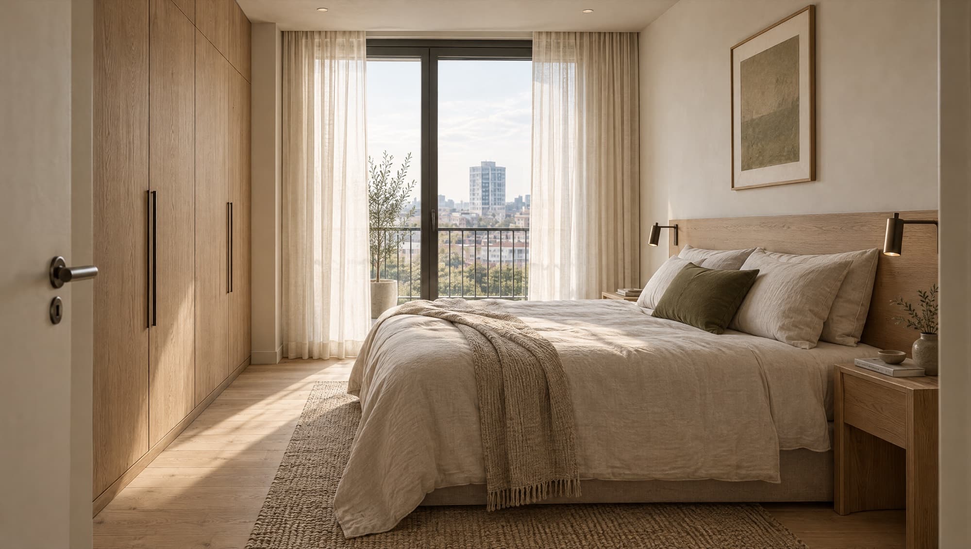 Render of an apartment bedroom in warm daylight, oak wardrobes and linen bedding, with sheer curtains at a balcony door and the city beyond.