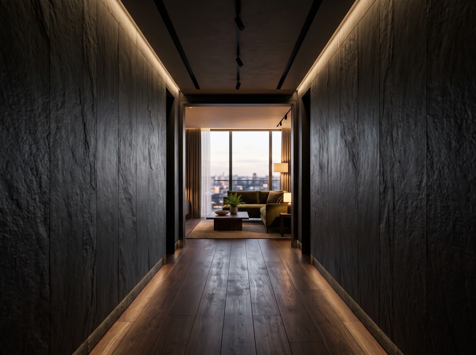 Render looking down a dark stone apartment corridor toward a lit living space at the far end.