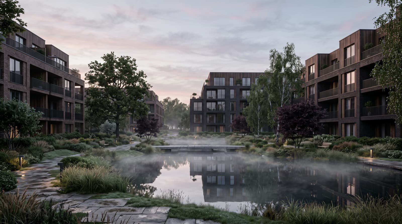 Render of a low-rise residential development at dawn across a landscaped courtyard, mist over a reflecting pool.
