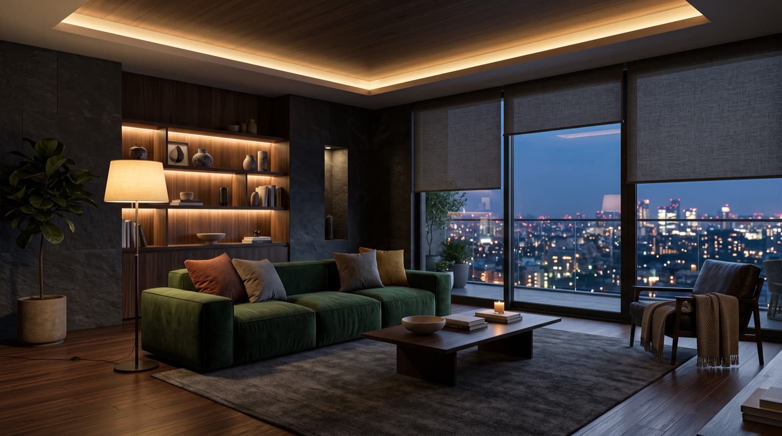 Render of an apartment living room in the evening with a lighting scene active, layered warm pools of light.