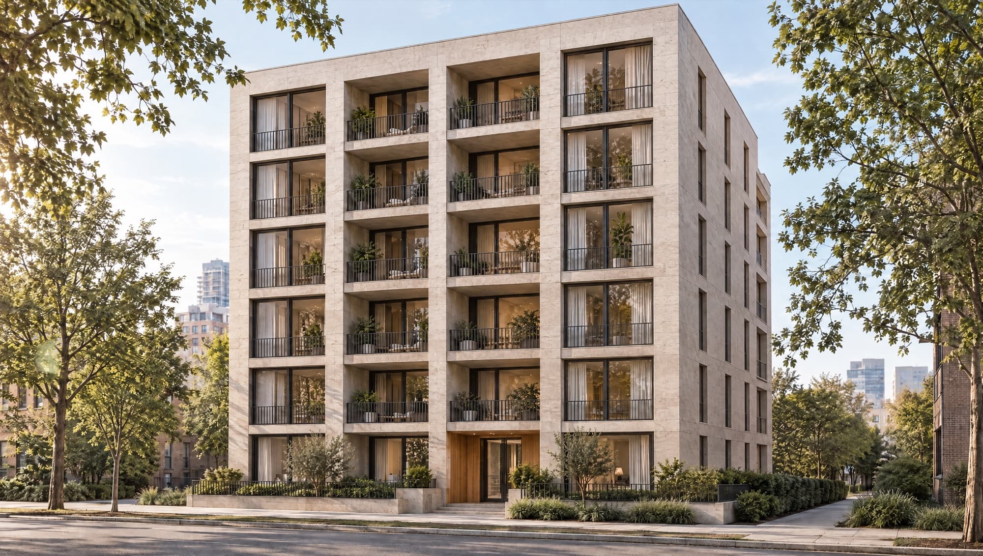 Render of a six-storey residential facade in pale stone, recessed balconies with planting, on a tree-lined street.