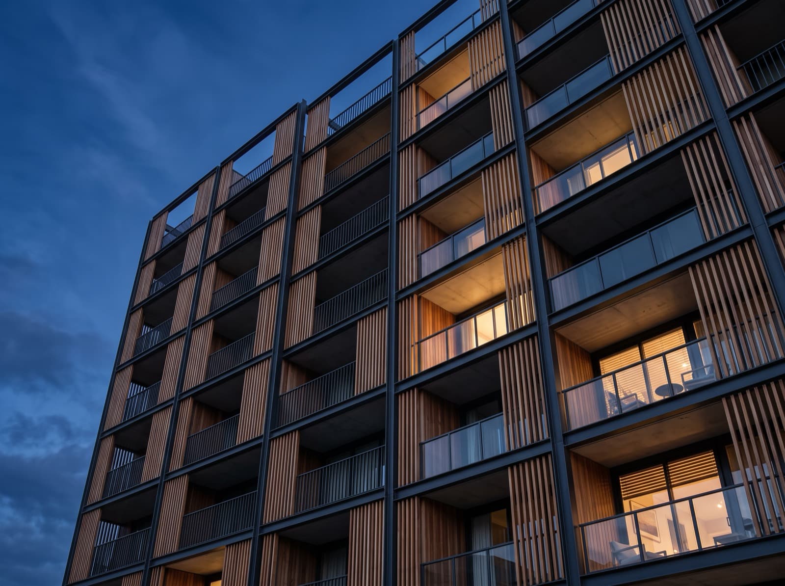 Render looking up a residential facade at blue hour, stacked balconies with timber screening and a few lit apartments.