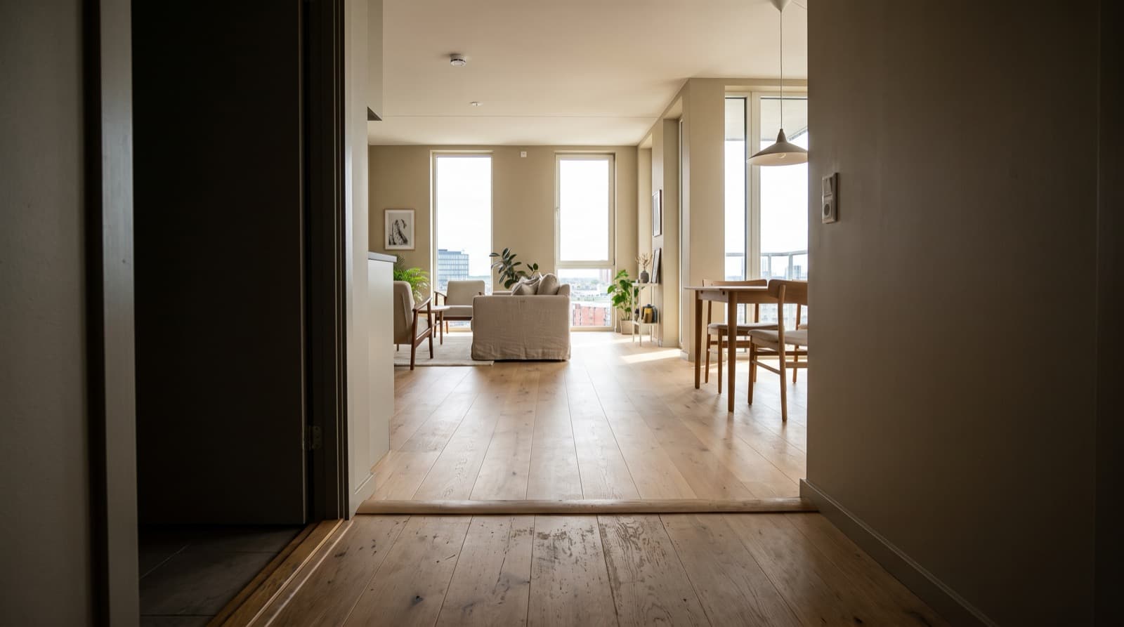 First-person view from an apartment entry looking into an open-plan living and dining space in daylight.