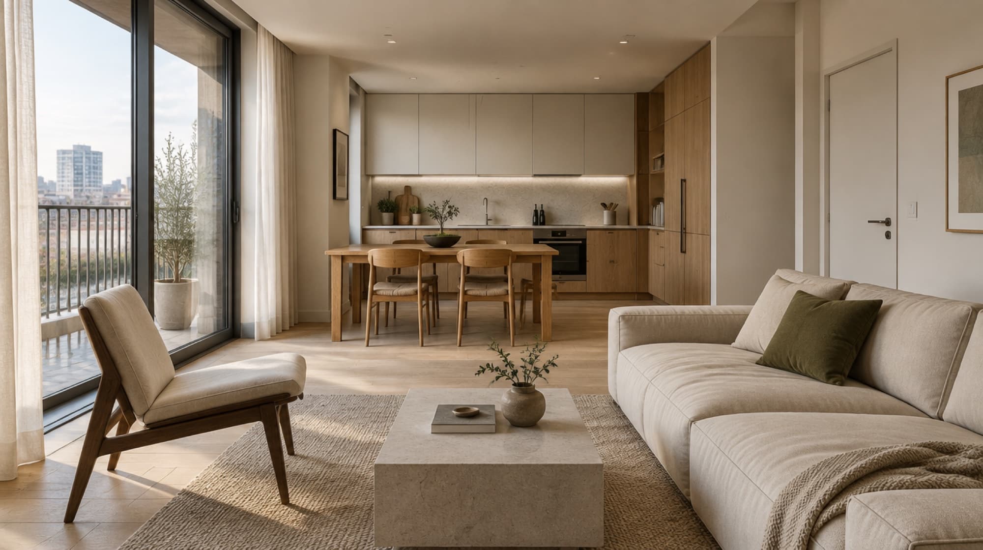 Render of an open-plan kitchen in oak and pale stone, a dining table in front of it and full-height glazing beyond.