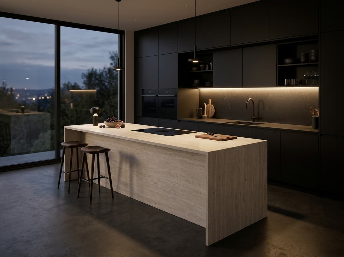 Render of a modern dark kitchen with matte black cabinetry and a pale stone island.