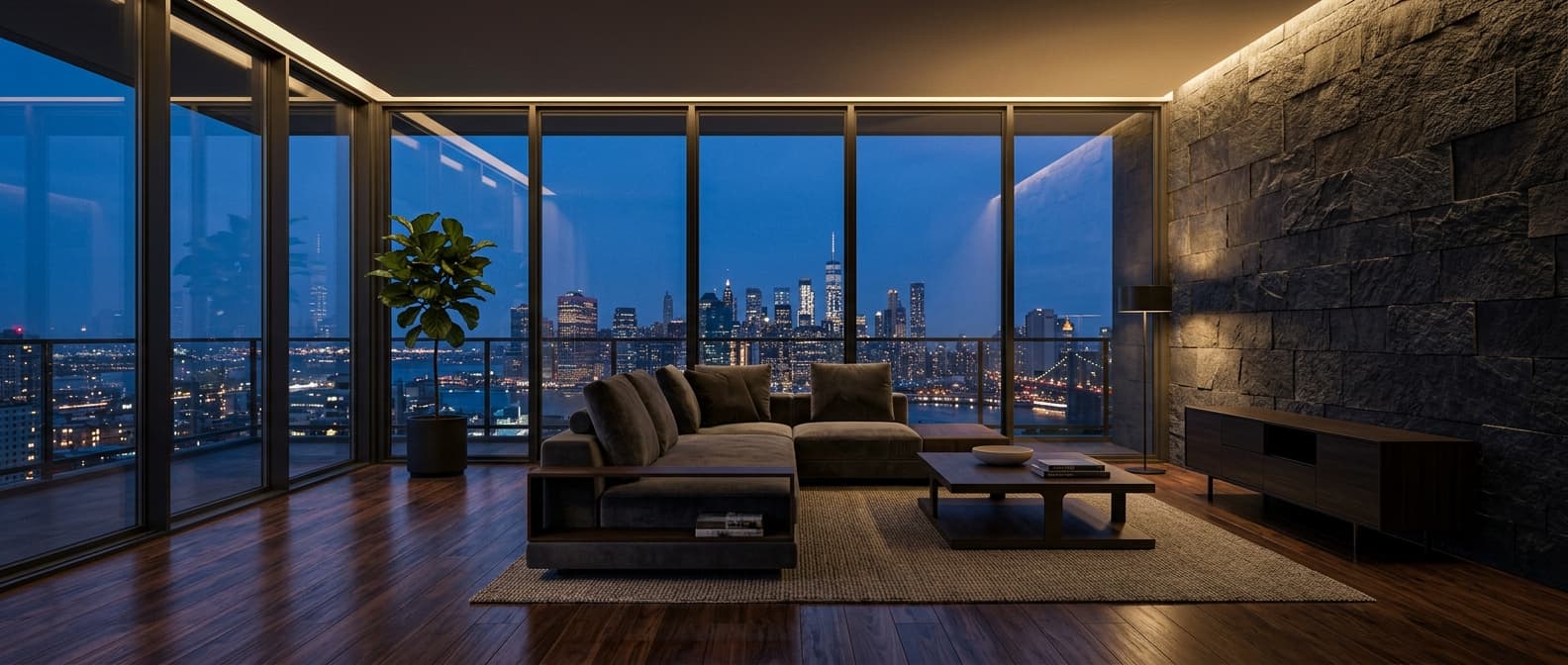 Photorealistic render of a modern apartment living room at dusk, floor-to-ceiling windows overlooking a city skyline.