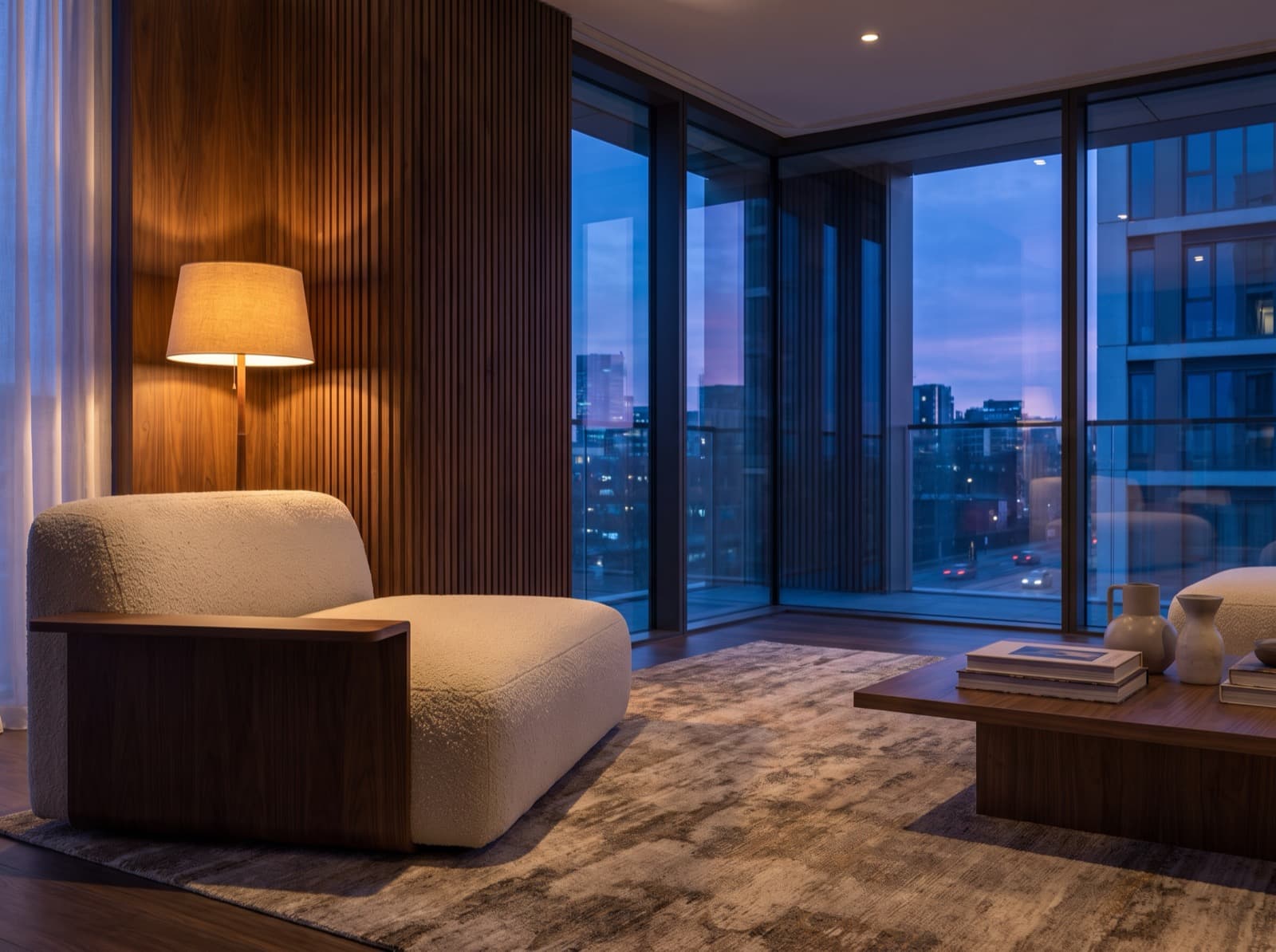 Render across a low sofa toward a corner window at dusk, warm lamp light inside meeting cool blue light outside.