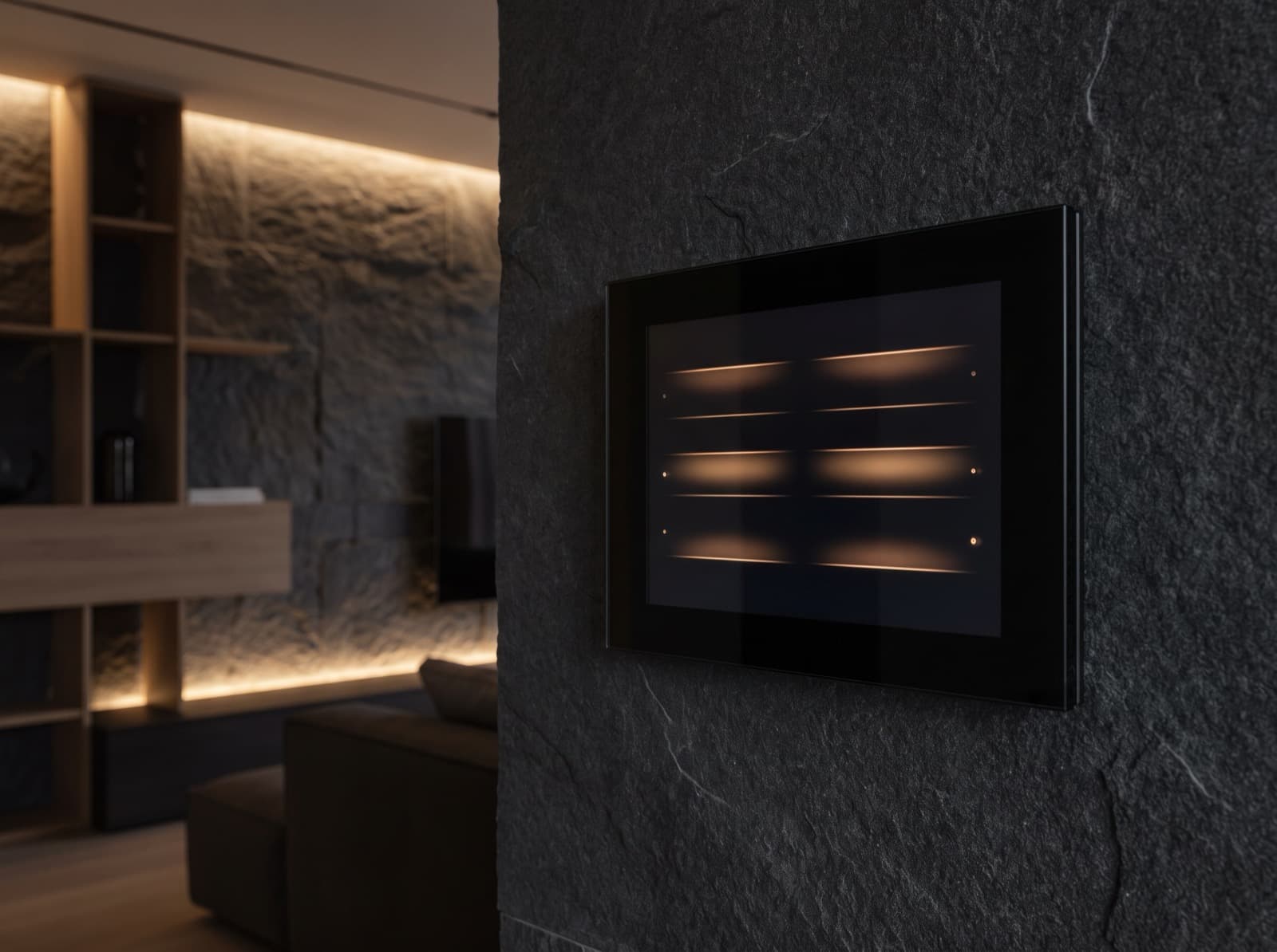Close render of a slim black control panel set flush into a dark stone wall, its screen glowing with warm light.