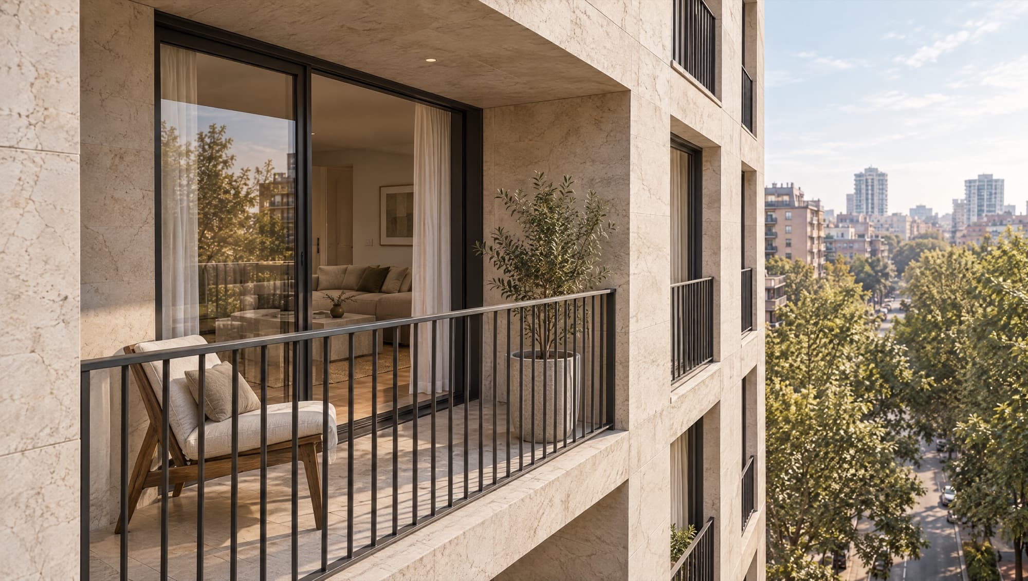 Poster frame from a walkthrough: an apartment balcony with a low chair and a planted olive tree, looking out over a tree-lined street.