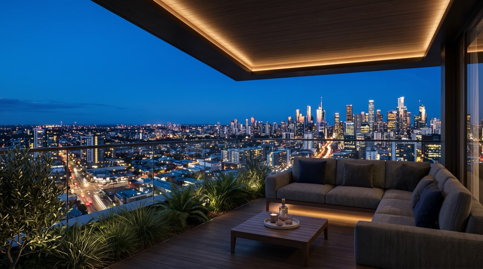 Poster frame from a cinematic walkthrough: an apartment terrace at blue hour above a lit city.
