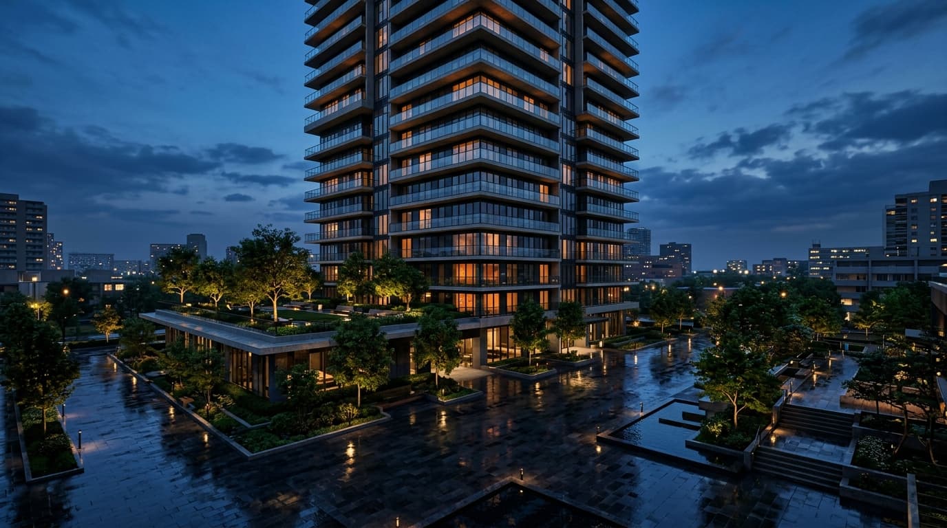 Render of a modern residential tower at blue hour.